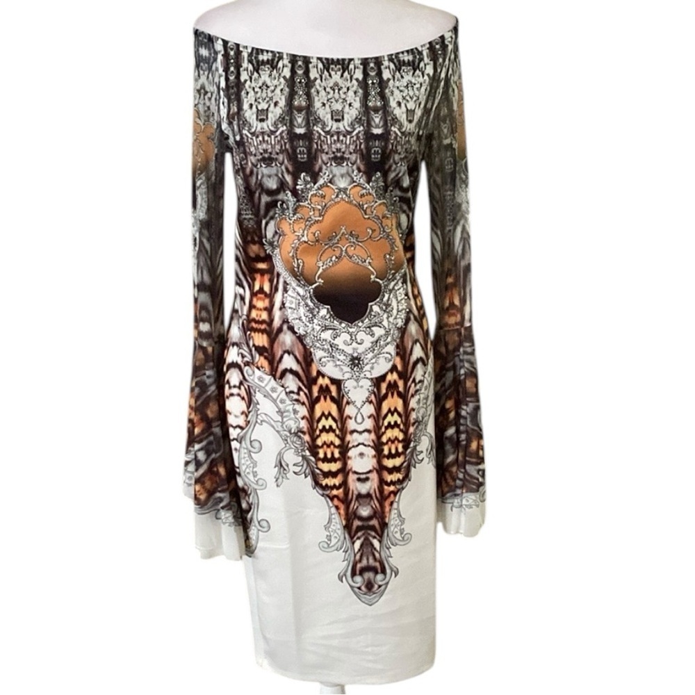 VENUS White Sheath Dress with Off-Shoulder Bell Sleeves size S